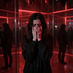 a dark mind in a nightmare is aware of betrayal sadness and despondency of a schizophrenic in a red hyper mirror room 8K resolution