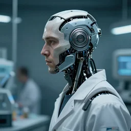 a laboratory technician man with cybernetic enhancements seen from a distance, scifi character portrait by greg rutkowski, craig mullins, 1 / 4 headshot, cinematic lighting, dystopian scifi gear, profile picture, mechanical, cyborg, half robot