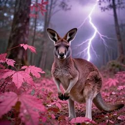 a close up, colored, pink leafs forest photograph of a kangaroo with intense bright lightning, wide - angle lens, soft focus