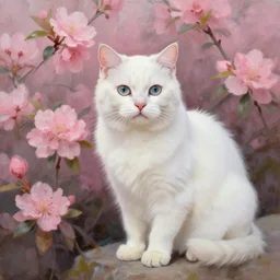 hyperrealism oil painting of a white cat in pink flowers