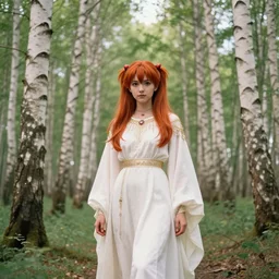 dreamy tiktok iPhone photo of beautiful Asuka Langley from evangelion dressed as a slavic priestess in holy birch forest in spring, 35mm, cinematic, trending on Instagram, 8k, 4k