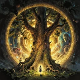 a giant hellishly tree with a big trunk that forms a round portal to otherworldly hostile worlds, high intricate details, rule of thirds, golden ratio, cinematic light, 8 k, octane render, anime style, graphic novel by fiona staples and dustin nguyen, art by beaststars and orange, peter elson, alan bean, studio ghibli, makoto shinkai