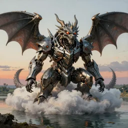 biblical mecha dragon sitting slayed, in clouds on a riverside, sunset, big eyes, portrait by mikhail vrubel, studio lighting, muted colors, by frank frazetta, extreme detail, reflections, trending on artstation, 8 k