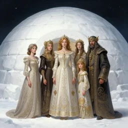 Eskimo family in front of their igloo, intricate, elegant, highly detailed, digital painting, artstation, concept art, smooth, sharp, focus, illustration, art by artgerm and greg rutkowski and alphonse mucha