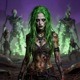highly detailed portrait of an moody wasteland punk long dripping green poison hair tribal zombie lady, stray wiring by atey ghailan, james gilleard, by joe fenton, by greg rutkowski, by greg tocchini, by kaethe butcher, 4 k resolution, gradient purple, brown black and white color scheme!!! ( ( green flaming robotic sewer background ) )