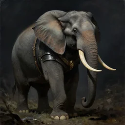 elephant wearing medieval suit of armor, illustration, concept art, dark, moody, dramatic, painting by rembrandt