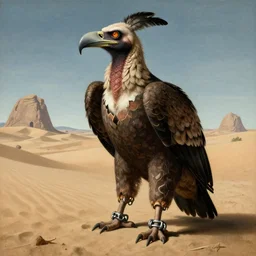 Feathers Eyes Beak beak neck Exterior Desert Oasis ripped physique demonic vulture wearing a man costume whilst wearing chains leg irons giorgio de chirico giotto leonardo da vinci Jan Van eyck bastien lecouffe-deharme zdizlaw beksinski odd nerdrum dragan bibin john steuart curry dan witz