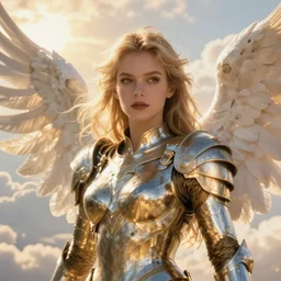 A beautiful fierce photogenic blonde-haired angel wearing metallic battle armor, posing heroically with heavenly sunlit clouds in the background, close-up shot, elegant, digital painting, golden hour, cinematic, epic, trending on artstation, concept art, smooth, sharp focus, illustration, art by artgerm and Greg Rutkowski and Alphonse Mucha