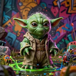 star wars yoda in dagobah swamp caustics fluid simulation lighting impressive colorful masterpiece graffiti hyper perspective textured detailed intricate sharp focus 8 k octane render nvidia raytracing demo