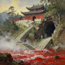 a gorgeous landscape painting by barlowe wayne, maxfield parrish and marco mazzoni. chinese temple. the winding stone steps, stone gate to the dark cave, 3 d, octane render, turbulent blood lake, fog, 8 k.