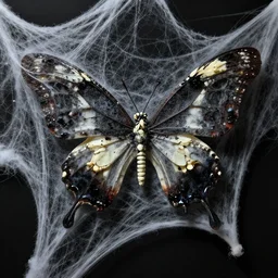 a haunting creepy unsettling spooky butterfly made from skeletal skeleton ribcage bones and spider web cobwebs