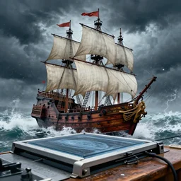 a risograph of a pirate ship during huge storm