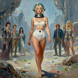 a mixed media painting of a very beautiful blonde woman walking on an alien world, elegant, aesthetic!!! symmetrical face and eyes, piercing gaze, sixties pinup, photorealistic, curvy, model, 6 0's glass helmet and futuristic high waisted white bikini, epic sci - fi character art, full length, by frank frazetta, donato giancola, boris vallejo, beeple, greg rutkowski, christian macnevin, high fantasy, prometheus, cgsociety, exquisite detail, post - processing, masterpiece, cinematic