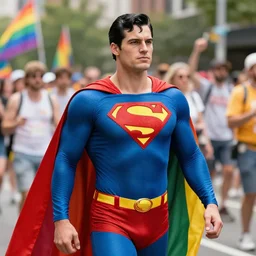 superman wearing a rainbow cape at gay pride parade, alex ross