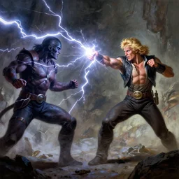 a man with blonde hair shooting lightning bolts at his enemy in battle. detailed matte painting. masterpiece. 4 k. fantasy art. by gaston bussiere. derek zabrocki. ralph mcquarrie.
