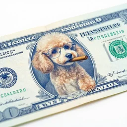 currency design like a dollar bill, blue, with the design of an apricot poodle dog with a cigar and glasses printed on currency paper, currency symbols printed, highly detailed, realistic, octane render