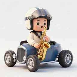 cute and funny, smooth jazz saxophone player, wearing a helmet, driving a hotrod, oversized enginee, ratfink style by ed roth, centered award winning watercolor pen illustration, isometric illustration by chihiro iwasaki, the artwork of r. crumb and his cheap suit, cult - classic - comic,