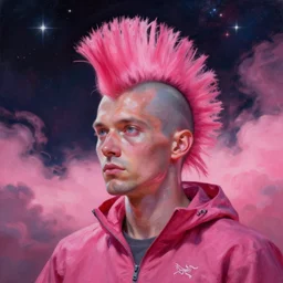 arcteryx, beautiful clear faces by tom bagshaw, portrait big punk, pink, mohawk, space, hyperdetailed illustration, stars, neon, oil painting, rich deep colors masterpiece, ultra detailed, contrast, heaven pink, clouds, volumetric light, atmospheric lighting, dramatic, cinematic, moody, octane render 4 k, 8 k