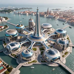satellite photo of futuristic technologic advanced venice city. photorealistic, trending on artstation, volumetric lighting, 4 k, award winning