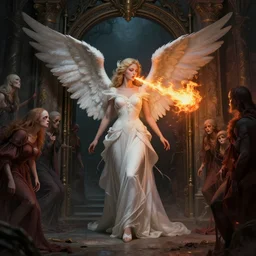 a beautiful angelic woman standing at the entrance gate of hell and spitting fire balls at lost souls that are standing in front of her, fantasy art, art by greg rutkowski and artgerm, amazing detail, hd, illustration, epic, intricate, elegant, artstation, concept art, smooth, sharp focus, cinematic