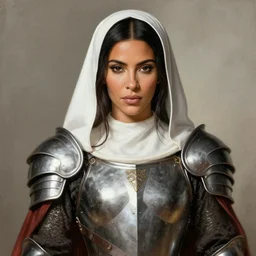 kim kardashian as armored battle nun, delicate detailed medieval portrait in the style of eugene de blaas, perfect face