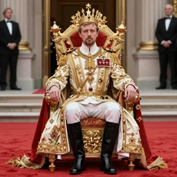photo of gal godot sitting on queens throne royalty wearing royal mantle gold jewelry by alex ross at the red carpet
