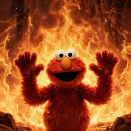 extremely scary horror portrait of elmo holding his hands up in front of massive endless apocalyptic flames, epic fantasy art by michael whelan