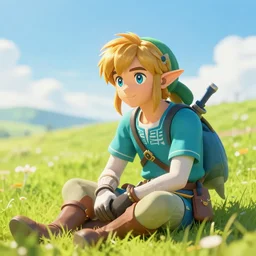 A photo of Link from Zelda sitting in a field on a sunny day with clouds in the sky, he is young