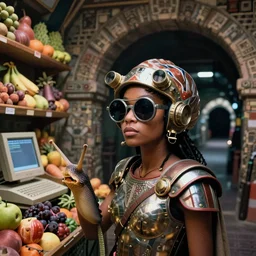 closeup view of a african shapely female snail human hybrid wearing vacuum tube amp roman armor and visor shades, inside of a dimly lit ancient mayan fruit stand convenience store with a soviet computer console and large archway leading to an old NewYork subway tunnel, ektachrome color photograph, volumetric lighting, 35mm f8 aperture