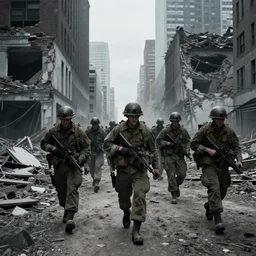 Squad of American soldiers moving cautiously through the ruins of New York City, 8k, cinematic, art by Greg Rutkowski, desolate, melancholy, tense