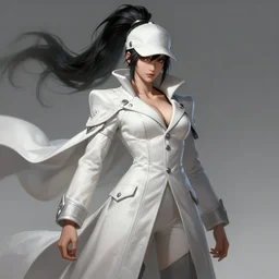 a highly detailed illustration of fierce tall amazon messy ponytail black haired one armed delinquent japanese woman wearing white cap wearing long white jacket with cape, dramatic pose, muscular, perfect face, perfect body, intricate, elegant, highly detailed, centered, digital painting, artstation, concept art, smooth, sharp focus, league of legends concept art, wlop.