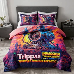 photo of bedlinen in a modern bedroom, band merchandise, bandname is tripmachine, tourname is invasion of the tripmachines, realistic digital art, textured with a 3 d render of a huge futuristic steampunk generator, 8 k, fluorescent colors, halluzinogenic, multicolored, exaggerated detailed, unreal engine