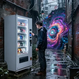 a wet man in a rainy alleyway standing at a vending machine which opens a cosmic alien portal into another dimension, vivid caustics, realistic photography, beautiful interior, hyperrealism, incredible, award - winning photography, by greg rutkowski, lovecraftian, trending on artstation