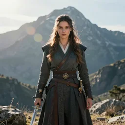a woman with a sword standing in front of a mountain, a character portrait by René Auberjonois, trending on cgsociety, photorealism, reimagined by industrial light and magic, #vfxfriday, anamorphic lens flare