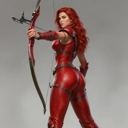 Female archer, dnd, d&d, leggins, red skintight leather armor, red hair, Low-Angle, visible face!, beautiful face!, alluring, D-cup, toned derriere, high fantasy, realistic!, extremely detailed, matte painting, by wlop and tomasz alen kopera, octane