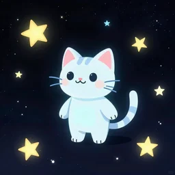 a kitten in space with many stars in the background. concept art by petros afshar and victor mosquera, kurzgesagt style. colourful 2 d cartoon, matte background, luminescent, space art, cosmic horror. behance contest winner.