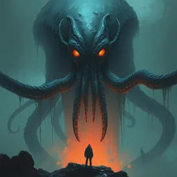 cthulhu of your nightmares, towering over you with glowing eyes, water dripping, highly detailed concept art painting, digital art, trending on arstation, by greg rutkowski and ismail inceoglu