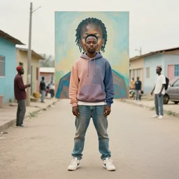 still from music video of yolandi visser from die antwoord standing in a township street, wearing a hoodie, street clothes, full figure portrait painting by njideka akunyili crosby and martine johanna, earl norem, ismail inceoglu, pastel color palette, 3 5 mm lens