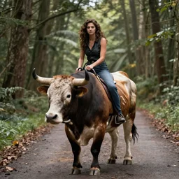 a girl riding a bull in a forest road, cinematic, octane render, ultrarealistic, highly detailed, color graded, chamber of secrets