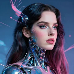 portrait of cyborg lana del rey. intricate abstract. intricate artwork cyberpunk by tooth wu, wlop, beeple, dan mumford. octane render, trending on artstation, greg rutkowski ruan jia, cinematic lighting, hyper realism, high detail, octane render, 8 k, key art, blue and pink, iridescent accents