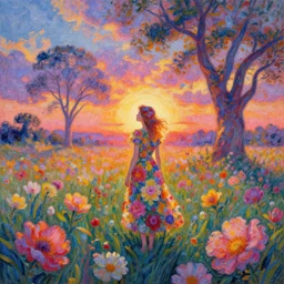 girl made out of huge flowers, standing in a flower field, big trees, sunrise dramatic light, impressionist painting, colorful clouds, digital painting, pointillism, artstation, simon stalenhag