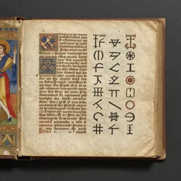 Old book with technical documentation. It is all variegated with strange symbols. Medieval art painting. Museum collection
