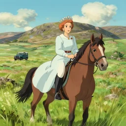Queen Elizabeth riding a horse across the glens of Scotland toward a Land Rover in the distance Anime, Studio Ghibli, high detail