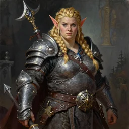 Boldara the female dwarf. A noble dwarven warrior and blacksmith. Chubby plump body. complex blonde braided hair. Fantasy concept art. Moody Epic painting by James Gurney, and Alphonso Mucha. ArtstationHQ. painting with Vivid color. (Dragon age, witcher 3, lotr)