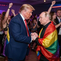 Donald trump holding hands with Putin at a rave while people dance around them pride flag