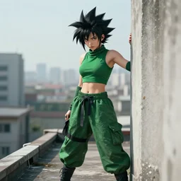 athletic female ninja with spiky anime hair wearing a croptop and baggy pants, hiding in the rooftops, green color scheme, realistic 4k, highly detailed, art by Andreas Rocha