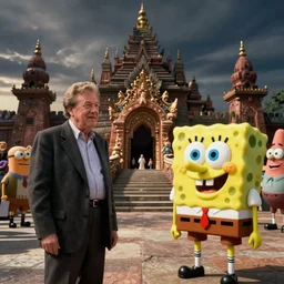 movie still from Stephen Spielberg, SpongeBob sqaure pants and Patrick visit the temple of doom, amazing cinematography