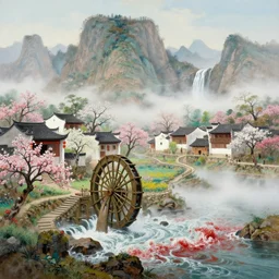 a gorgeous early spring landscape painting by barlowe wayne maxfield parrish and marco mazzoni!! chinese village. china waterwheel. the winding steps. waterfall from the mountain. ultra clear detailed. 3 d, octane render. turbulent blood lake. fog