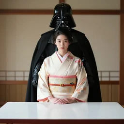 hyperrealistic composition, in the middle a woman in a japanese kimono, behind her stands darth vader, in front of her a table from the casino, in the background is mount fuji and fireworks, pop - art style, jacky tsai style, andy warhol style, roy lichtenstein style, acrylic on canvas