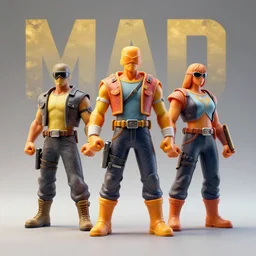 plastic sculpture of mad max characters, wide shot, vibrant color details, zbrush, hyper realistic, golden ratio, macro lens, unreal engine, octane render, symmetri